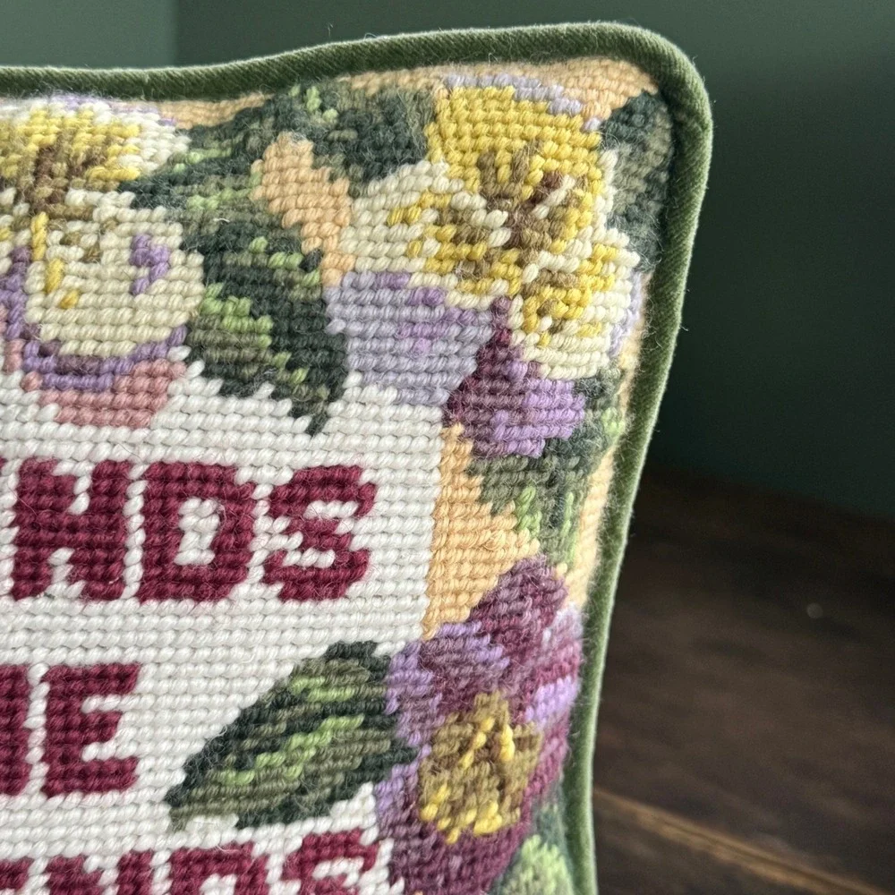 Vintage Needlepoint Pillow Old Friends Are The Best Friends Floral Pansy Velvet